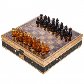 Шахматный ларец с инкрустацией и фигурами из янтаря 28х28 см, фотография 0. Интернет-магазин ЛАВКА ПОДАРКОВ