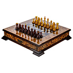 Шахматный ларец с инкрустацией и фигурами из янтаря 65х65 см