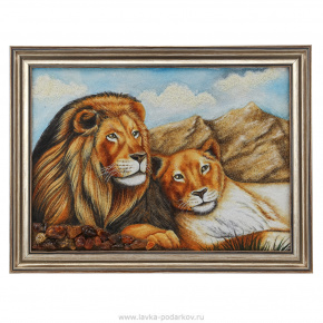 Картина янтарная "Лев и львица" 40х55 см, фотография 0. Интернет-магазин ЛАВКА ПОДАРКОВ