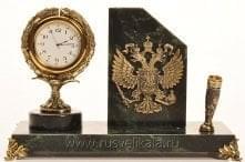11518 Бронза Настольная визитница с часами "Герб Российский" Змеевик (3.01.0.)