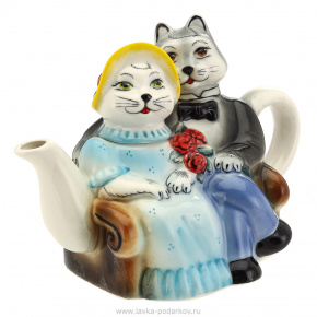 Чайник "Кошки". Гжель в цвете, фотография 0. Интернет-магазин ЛАВКА ПОДАРКОВ