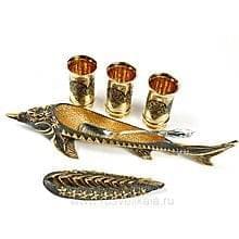 14443/Н Златоуст Икорница "Осетр" (большая) +3 стопки Золото, Никель, латунь, чернение,в П/У