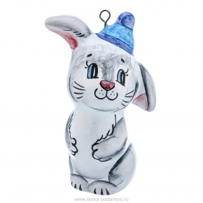 Елочная игрушка "Кролик ушастик в шапочке". Майолика, фотография 0. Интернет-магазин ЛАВКА ПОДАРКОВ