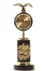 11481 Часы "Георгий Победоносец" Обсидиан, Бронза, позолота, 30*10см 