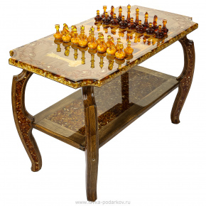 Шахматный стол с инкрустацией и фигурами из янтаря 99х53 см, фотография 0. Интернет-магазин ЛАВКА ПОДАРКОВ