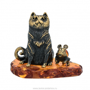 Статуэтка с янтарем "Друзья кот и мышка", фотография 0. Интернет-магазин ЛАВКА ПОДАРКОВ