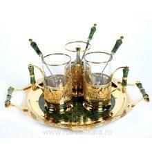 0011297 Златоуст Набор Блюдо, 3 подст., 3 лож.Нефрит  в П/У