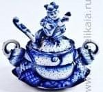 09144 Гжель Сахарница "Скоморошьи забавы" 16см Авт.Черновы Л.и В 
