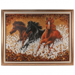 Картина янтарная "Лошади, бегущие по воде" 100х80 см, фотография 0. Интернет-магазин ЛАВКА ПОДАРКОВ