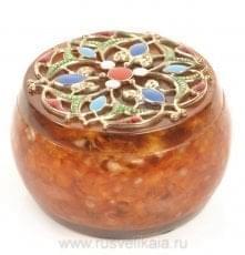 3387-Б Янтарь Шкатулка круглая "Восточная" Бронза