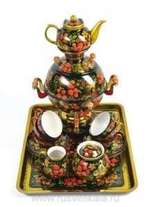 -5л-Срв-шар  СЕРВИЗ с Самоваром  электр."Хохломской. Земляника" 5л, на 6п.16 предм.