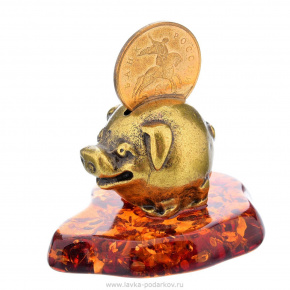 Статуэтка с янтарем "Свинка с монеткой", фотография 0. Интернет-магазин ЛАВКА ПОДАРКОВ