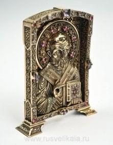  /6,6*5,2см Юв. Миниатюра Икона "Николай Чудотворец" Бронза, Фианиты, Гранат, Топаз