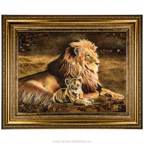 Картина янтарная "Лев и львенок" 60х80 см, фотография 0. Интернет-магазин ЛАВКА ПОДАРКОВ