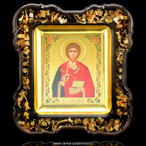 Эксклюзивная икона с инкрустацией из янтаря "Святой Пантелеймон"	, фотография 0. Интернет-магазин ЛАВКА ПОДАРКОВ