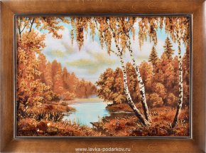 Картина янтарная "Осенний пейзаж. У воды" , фотография 0. Интернет-магазин ЛАВКА ПОДАРКОВ