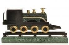 11420 Нат.камень Письменный набор "Паровоз" Змеевик, Бронза, 13*24*10см 