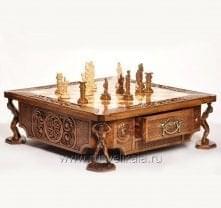 10556 Шахматный ЛАРЕЦ резной "Византия" 54*54см Орех, Латунь, лак