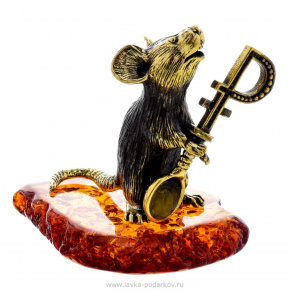 Статуэтка с янтарем "Мышь с ложкой Рубль" (коньячный), фотография 0. Интернет-магазин ЛАВКА ПОДАРКОВ