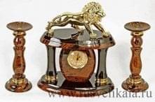 29010-ПОДСВЕЧНИКИ Нат камень К Часам "Лев" Обсидиан, Бронза, позолота