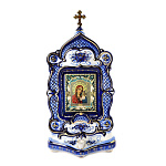 -Казанская Гжель ИКОНА "Божией Матери "Казанская" в золоте (фигурный киот под свечу)