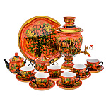 0069159 Хохлома САМОВАР "ЯГОДКИ-ЦВЕТОЧКИ"+ сервиз на 6 персон фон кр-черн