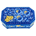 100447 /17*10см-углы Хохлома Шкатулка Сюжет "Цветы МОРОЗНЫЙ ДЕНЬ" синий фон Р5 