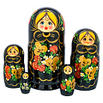0078187 Матрешка "Хохлома" черн платок,5 мест, h=18 см