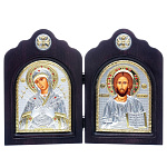 0052374/33*24см/5002137137 Икона Диптих "БМ Семистрельная/Спаситель"шелкогр/позолота/серебр/стразы