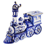 0060089/зол Гжель Штоф "Паровоз" в золоте 1 литр 24*28см  Авт.Ларин