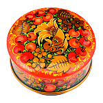 Деревянная круглая шкатулка с росписью "Птица". Хохлома