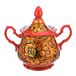 0070417  Хохлома Сахарница  "Кудрина золотая " красная с ручками фарфоровая