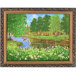 0050878/8884 Нат.камень КАРТИНА "Ромашки у реки" багет№4 30*40см К739