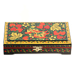 0080397 ХОХЛОМА ШКАТУЛКА "Клубника. Птичка" 18*10*4 (черный фон)