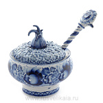 09166 Гжель Посуда под жаркое Чугунок с ложкой  21*17см Авт.Черновы Л.и В