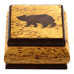 0065001 Нат.дерево Шкатулка-Табакерка "МЕДВЕДЬ"корень ореха, карельская береза,инкруст.