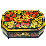 00280838/17*10см-углы Хохлома Шкатулка Сюжет "ПТИЦА.КЛУБНИКА" черный фон Р5 