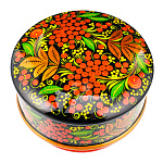 Деревянная круглая шкатулка с росписью "Рябина". Хохлома