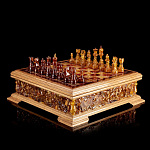 0039292/43*43*12см  Янтарь Шахматный ЛАРЕЦ с фигурами (Янт.в полиэфирной смоле, дуб) СУПЕР-ЦЕНА!