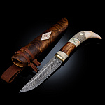  НОЖ СУВЕНИРНЫЙ"БЕЛЫЙ КЛЫК"пакет дамаск,ребро коровы Стеллера,клык медведя