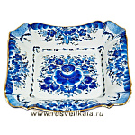 /№2/зол Гжель Тарелка глуб. квадратная в золоте  21*21см Авт. Алехин С.С.