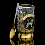 23950 Златоуст Подстаканник " Лев" с ложкой, позолота, Никель, Хрусталь, в П/У