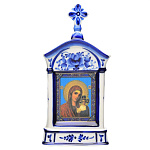 /17см Гжель ИКОНА В КИОТЕ "БМ "КАЗАНСКАЯ" МАЛАЯ настольная