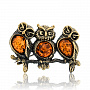 Брошь с янтарем "Совушки трио", фотография 2. Интернет-магазин ЛАВКА ПОДАРКОВ