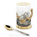 23959 Златоуст Подстаканник "Охота. Утки" с ложкой, позолота, Никель, Хрусталь, в П/У