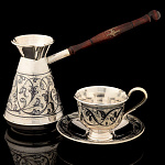 0048690 Серебро 875* НАБОР:ТУРКА+КОФЕЙНАЯ ПАРА гравировка, чернение серебра в П/У