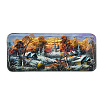 201815 ШКАТУЛКА с художественной росписью Деревенский пейзаж. Зима перламутр 14,5*6,5*3 см