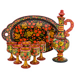 0072418  Хохлома НАБОР ВОДОЧНЫЙ на овальном подносе: штоф+6 рюмокh=12 см