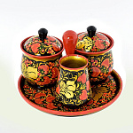 0033364  Хохлома НАБОР ДЛЯ СПЕЦИЙ (2 бочонка  с крышкой + бочонок б/к на подставке)
