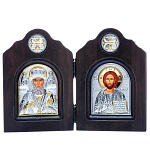0052380/19,5*14,5см/5002184014 Икона Дипптих "Николай/Спаситель"шелкогр/позолота/серебр